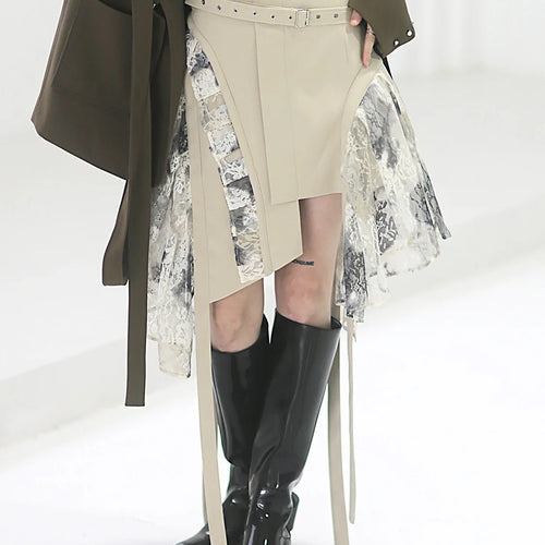 Load image into Gallery viewer, High Waist Apricot Irregular Hem Lace Ribbon Mini Half-body Skirt Women Fashion Tide New Spring Autumn 2025 1DF3018
