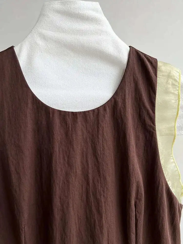 Women Coffee Color-block Elegant Long Vest Dress New Round Neck Sleeveless Fashion Tide Spring Summer 2025 1DJ0743