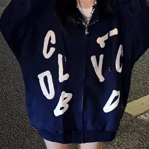 Load image into Gallery viewer, Letter Printed Korean Zip-up Hoodies Loose Ins Spell Color O-neck Casual Female Hoodies Office Ladies Chic Women&#39;s Hoodie
