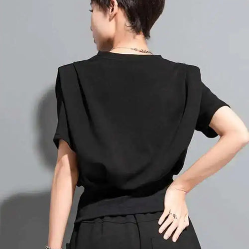 Load image into Gallery viewer, Women Black Zipper Slit Hem Big Size Casual T-shirt New Round Neck Short Sleeve Fashion Tide Spring Summer 2025 1DF7911
