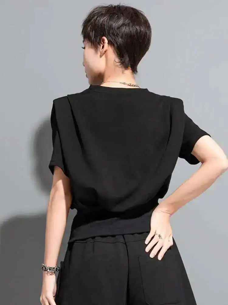 Women Black Zipper Slit Hem Big Size Casual T-shirt New Round Neck Short Sleeve Fashion Tide Spring Summer 2025 1DF7911