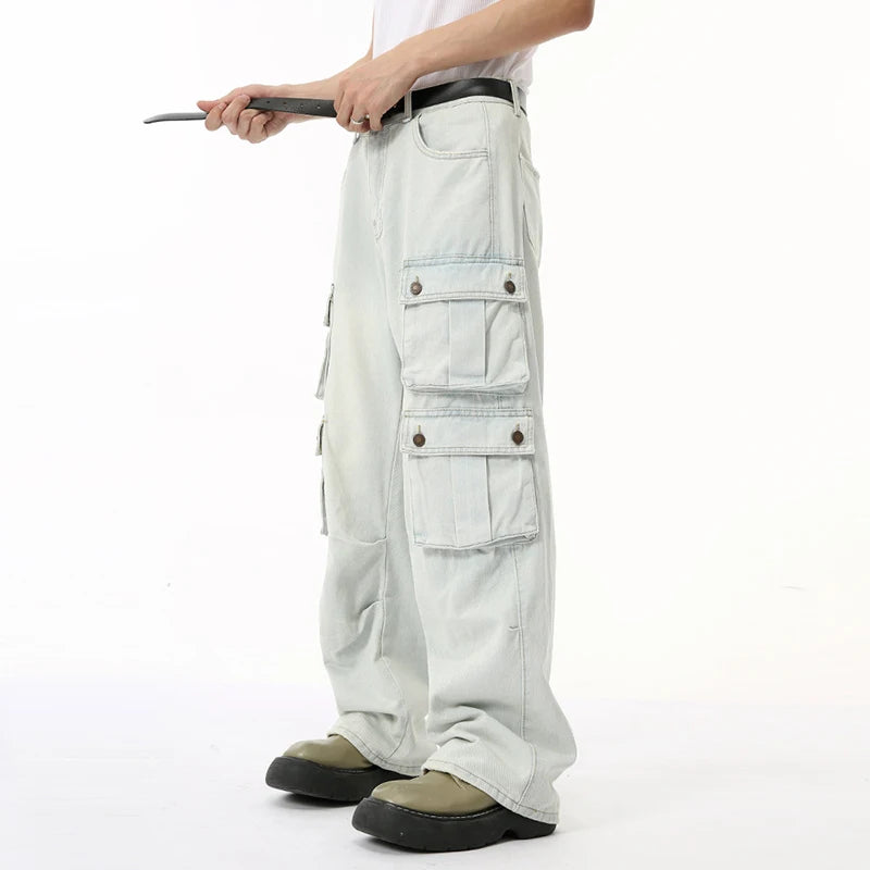 High Street Men's Denim Pants Loose Washed Multi-pocket Overall Straight Wide Leg Male Jeans Autumn Stylish 9C6833