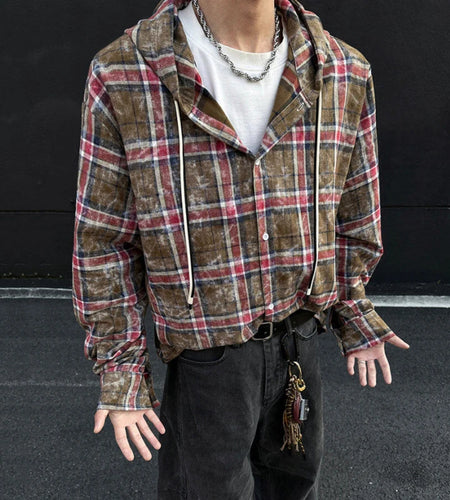 Male New Kroean Spring Men's Hooded Plaid Shirt Single Breasted Design Casual Handsome Long Sleeves Style 2025 9W1396