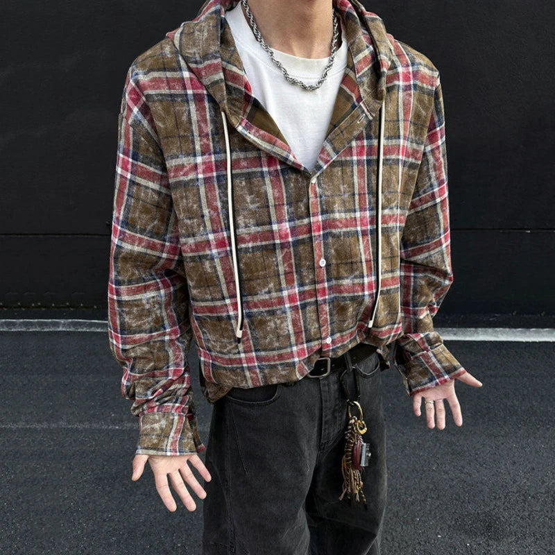 Male New Kroean Spring Men's Hooded Plaid Shirt Single Breasted Design Casual Handsome Long Sleeves Style 2025 9W1396