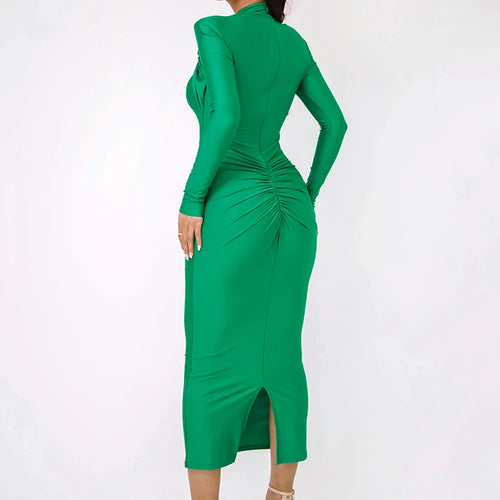 Load image into Gallery viewer, Hollow Out Long Sleeve Sexy Maxi Dress For Women Gown Autumn Winter New Metal Buckle Ruched Slit Long Dress Elegant
