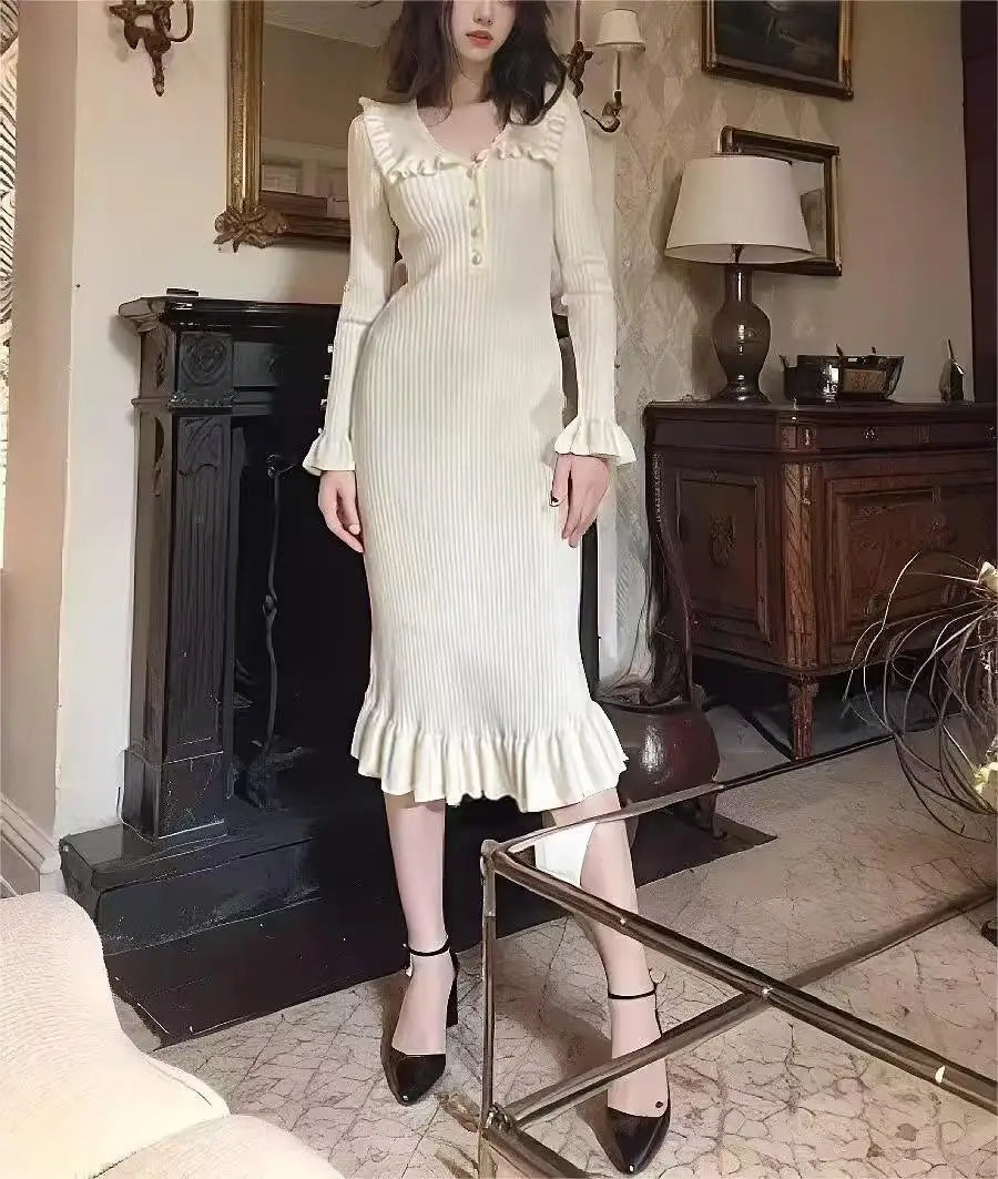 Autumn Winter 2024 Vintage Patchwork Elegant Single Breasted Knit Long Sleeved Dress Women Holiday Slim Ruffles Fishtail Dresses