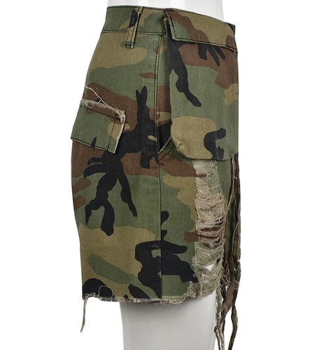 Camouflage Sumemr Shorts For Women High Waist Patchwork Lace Up Hole Hollow Out Short Pants Female Fashion Clothes