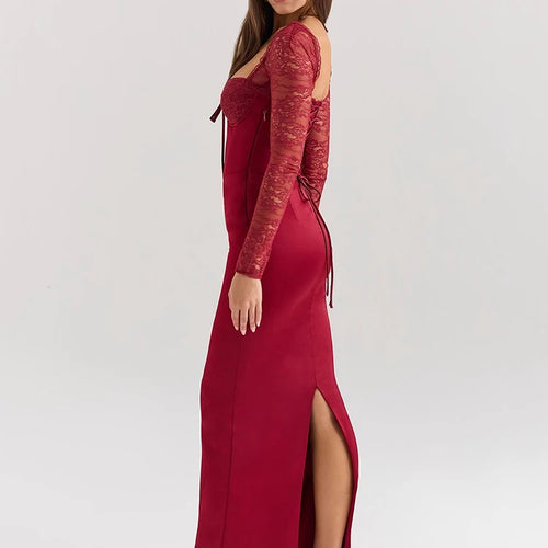 Load image into Gallery viewer, Backless Long Sleeve Sexy Maxi Dress For Women Solid Square Collar Lace-up Back Split Bodycon Club Long Dress Elegant
