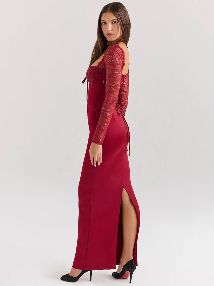 Backless Long Sleeve Sexy Maxi Dress For Women Solid Square Collar Lace-up Back Split Bodycon Club Long Dress Elegant