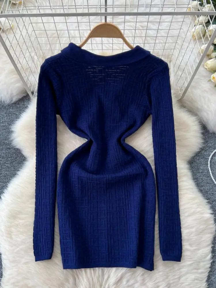 French Fashion Women Solid Elegant Button Bandage V Neck Short Dress Autumn Long Sleeves Knitted Sweater Mini Dress Trend Simple