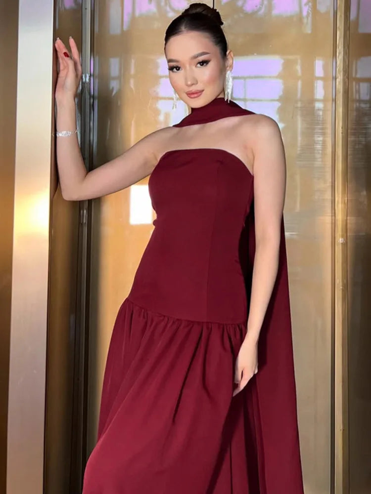 Sexy Strapless Sleeveless Backless Ribbon Long Dress For Women's 2025 Spring/summer New Elegant Slim Party Evening Dress