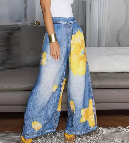 Fresh Chic Flower Printed Pants for Woman Summer Autumn Loose Casual Female Hight Waist Wide Leg Trousers Bottoms