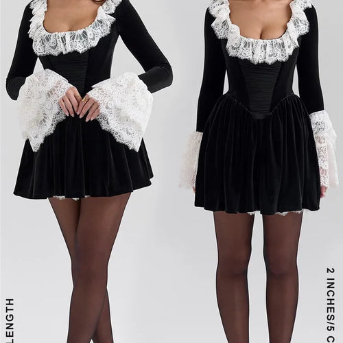 Load image into Gallery viewer, Lace Flare Long Sleeve Sexy Mini Dress Women Black Fashion Square Collar High Waist Pleated Club Party Dress Elegant
