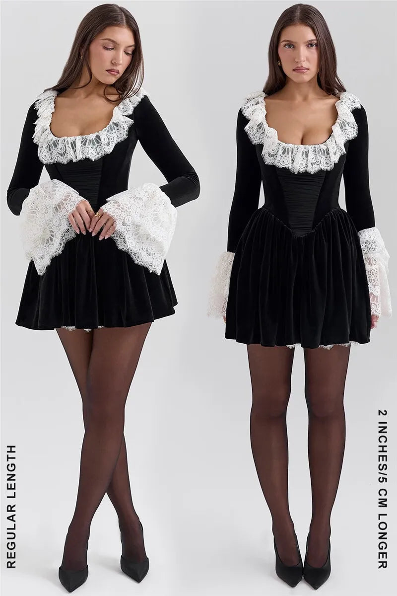 Lace Flare Long Sleeve Sexy Mini Dress Women Black Fashion Square Collar High Waist Pleated Club Party Dress Elegant