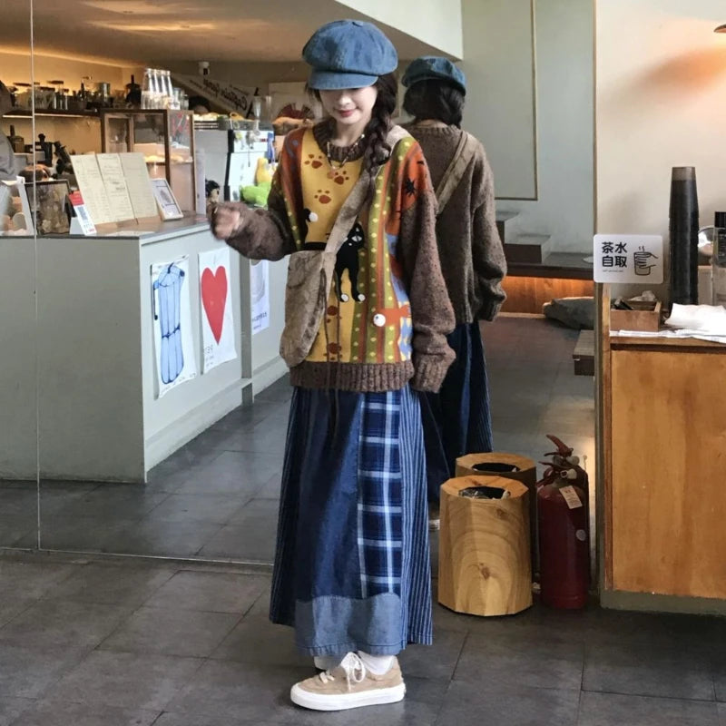 Loose Grunge Cartoon Jacquard Pullovers Y2k Aesthetic Vintage Knitted Sweaters Streetwear Patchwork Harajuku Women's Jumpers