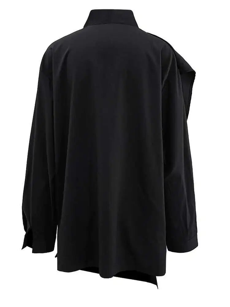 Women Black Irregular Spliced Big Size Blouse New Stand Collar Long Sleeve Shirt Fashion Tide Spring Autumn 2025 CPG1573