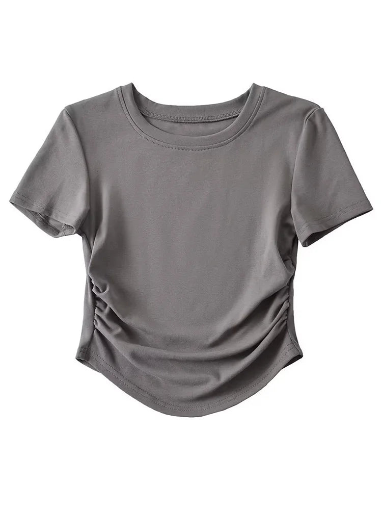 2024 Harajuku Women Crew Neck Short Sleeve Cotton Tee With Ruched Sides Detail T-shirts