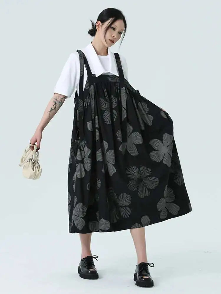 Women Black Pattern Printed Big Size Strap Dress New Square Collar Sleeveless Fashion Tide Spring Autumn 2025 1DH4956