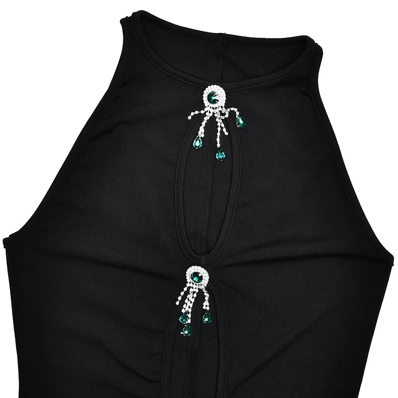 Hollow Out Pearl Tassel Sexy Maxi Dress For Women Black O Neck Sleeveless High Waist Bodycon Club Party Long Dress