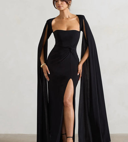 Elegant Bodycon High Slit Long Sleeved Shawl Women Dress Elasticity Tight Sexy Party Club Evening Dress Female Vestido