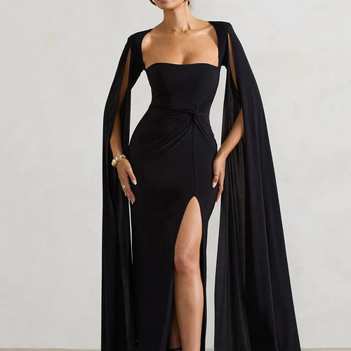 Load image into Gallery viewer, Elegant Bodycon High Slit Long Sleeved Shawl Women Dress Elasticity Tight Sexy Party Club Evening Dress Female Vestido
