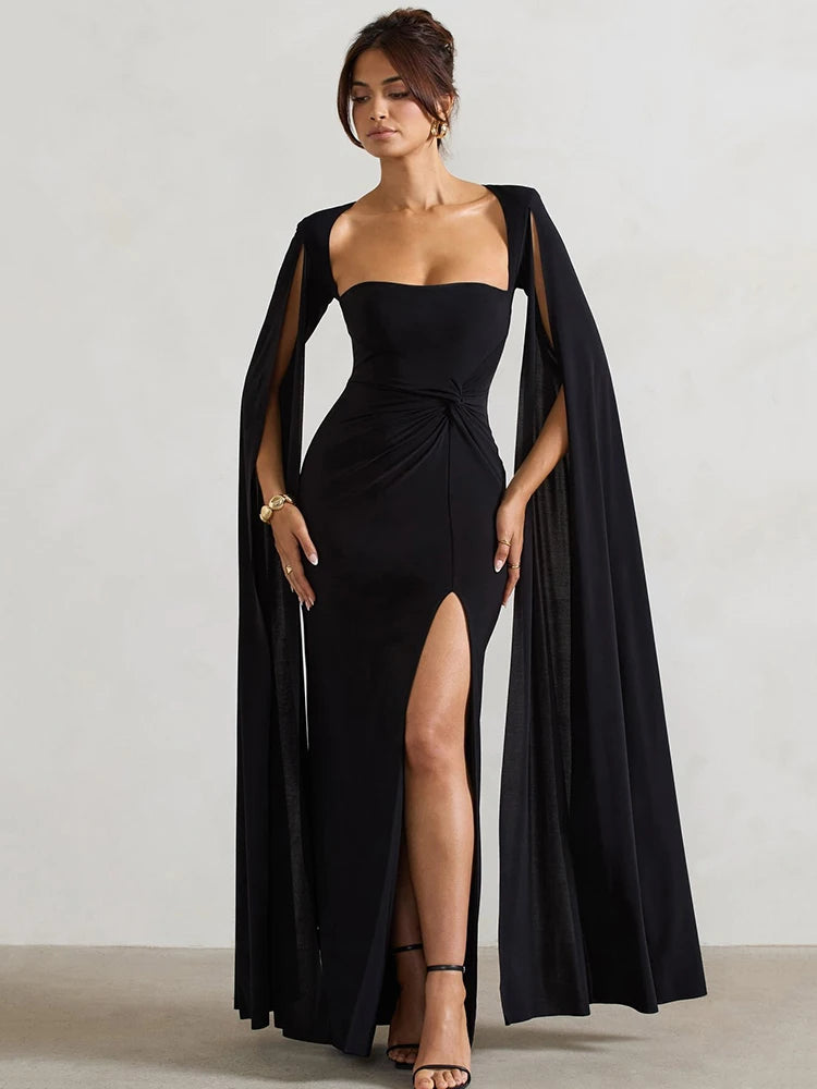 Elegant Bodycon High Slit Long Sleeved Shawl Women Dress Elasticity Tight Sexy Party Club Evening Dress Female Vestido