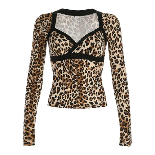 Load image into Gallery viewer, Sexy Leopard Print Skinny Chest T-shirt For Women Spring Y2K Aesthetic Cropped Tops Spring Summer Stitching Retro Tee
