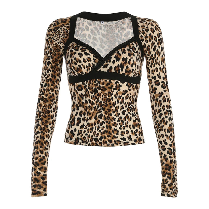 Sexy Leopard Print Skinny Chest T-shirt For Women Spring Y2K Aesthetic Cropped Tops Spring Summer Stitching Retro Tee