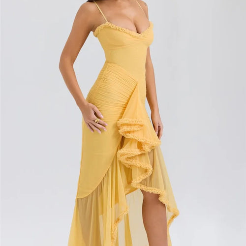 Load image into Gallery viewer, Ruffled Draped Ruched Sexy Maxi Dress For Women Yellow Spaghetti Strap Sleeveless Backless Club Party Sexy Long Dress
