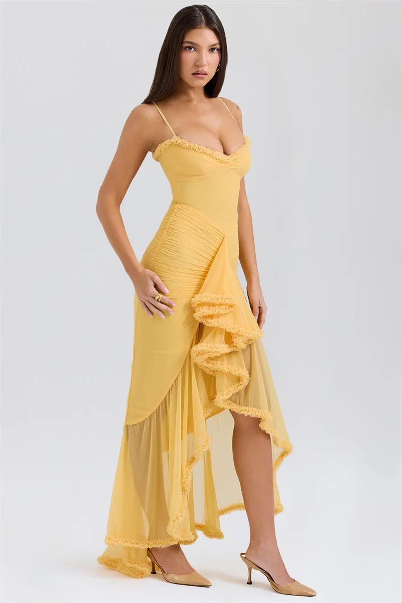 Ruffled Draped Ruched Sexy Maxi Dress For Women Yellow Spaghetti Strap Sleeveless Backless Club Party Sexy Long Dress