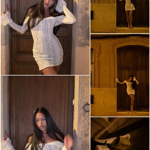 Load image into Gallery viewer, Off-shoulder Lace Sexy Mini Dress For Women White Strapless Long Sleeve Backless Bodycon Club Party Sexy Dress Elegant
