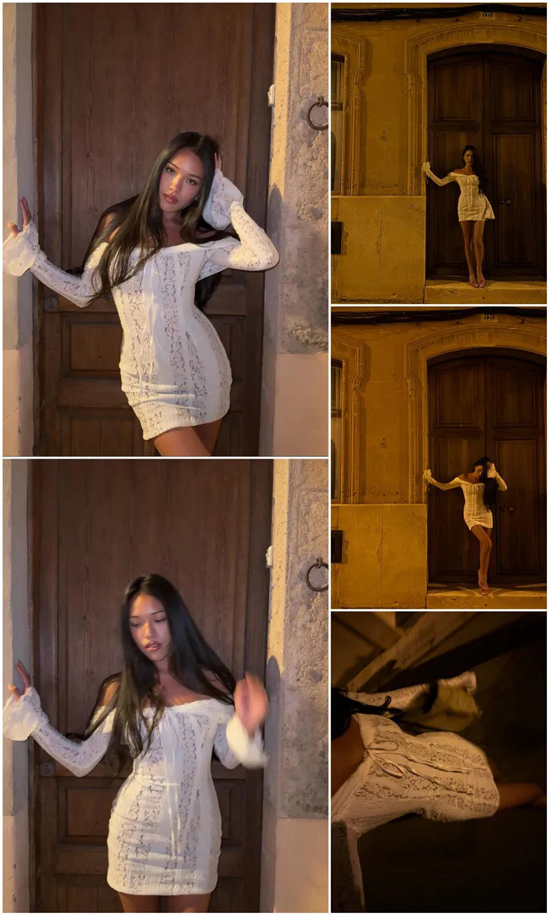 Off-shoulder Lace Sexy Mini Dress For Women White Strapless Long Sleeve Backless Bodycon Club Party Sexy Dress Elegant