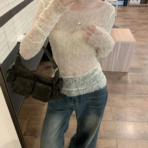 Load image into Gallery viewer, Y2k Aesthetic Hollow Out Crop Top Harajuku Slim Fit Vintage See Through Sexy Diamond T-shirt Summer Streetwear Grunge Fairy Tees
