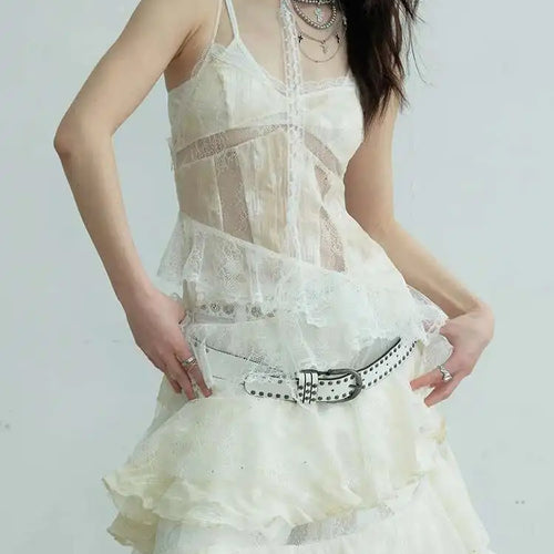 Load image into Gallery viewer, Women Beige Lace Perspective Long Spaghetti Strap Dress New V-Neck Sleeveless Fashion Tide Spring Autumn 2025 1DJ0684
