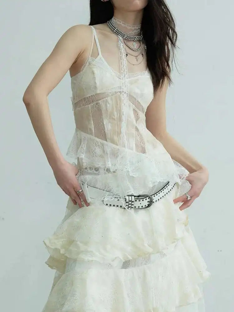 Women Beige Lace Perspective Long Spaghetti Strap Dress New V-Neck Sleeveless Fashion Tide Spring Autumn 2025 1DJ0684