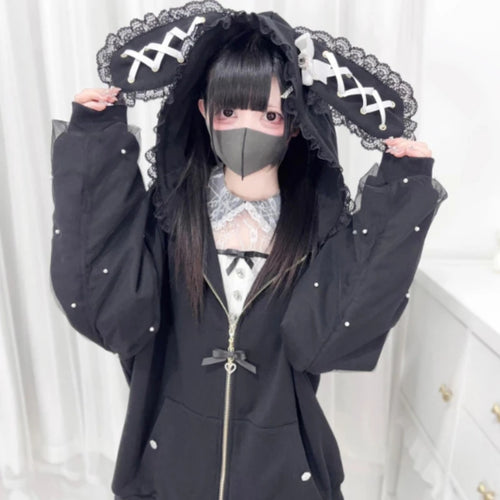 Load image into Gallery viewer, Japanese Pearl Gauze Patchwork Coats Women Y2k Aesthetic Lace Rabbit&#39;s Ears Jackets Casual Oversized Harajuku Kawaii Hoodies Top
