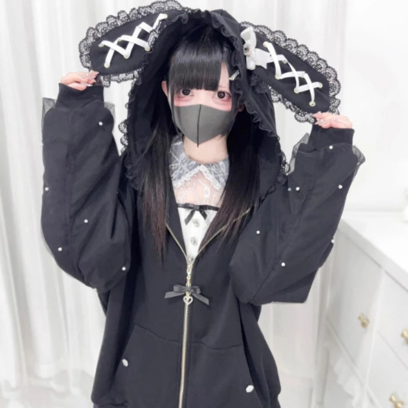 Japanese Pearl Gauze Patchwork Coats Women Y2k Aesthetic Lace Rabbit's Ears Jackets Casual Oversized Harajuku Kawaii Hoodies Top