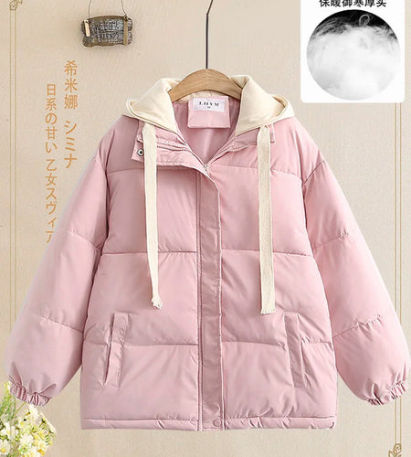 Women Autumn Winter Patchwork Long Sleeve Short Down Cotton Jacket Korean Version Elegant Hooded Bread Coat Casual Trend Fashion