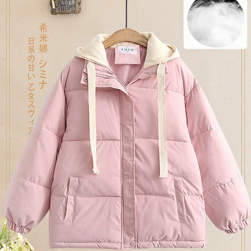 Load image into Gallery viewer, Women Autumn Winter Patchwork Long Sleeve Short Down Cotton Jacket Korean Version Elegant Hooded Bread Coat Casual Trend Fashion
