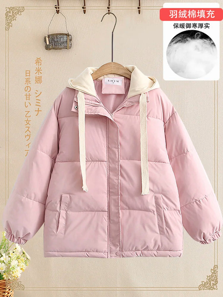 Women Autumn Winter Patchwork Long Sleeve Short Down Cotton Jacket Korean Version Elegant Hooded Bread Coat Casual Trend Fashion