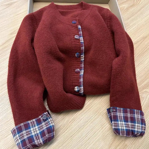 Load image into Gallery viewer, Autumn Winter Grey Patchwork Plaid Elegant Short Knitted Sweater Korean Women's Red Round Neck Long Sleeved Button Cardigan Tops
