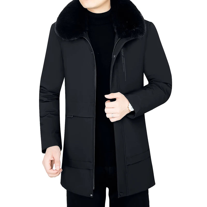 Men Fleece Lined Thick Warm Fur Collar Coat Winter Parka Autumn Work Outwearing Long Parka New Plush Jacket Male Size 5XL