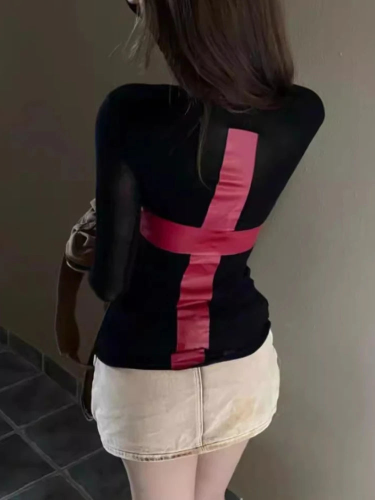 Y2k T Shirts for Women Long Sleeve Turtleneck Tunic Crop Tops Harajuku Korean Tees Casual Fashion Tshirts Print Black T-shirt