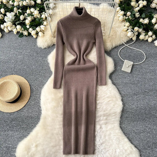Load image into Gallery viewer, Korean Women Solid High Neck Straight Dresses Autumn Winter Slim Long Sleeve Office Knitted Dress Ladies Simplicity Popular Chic

