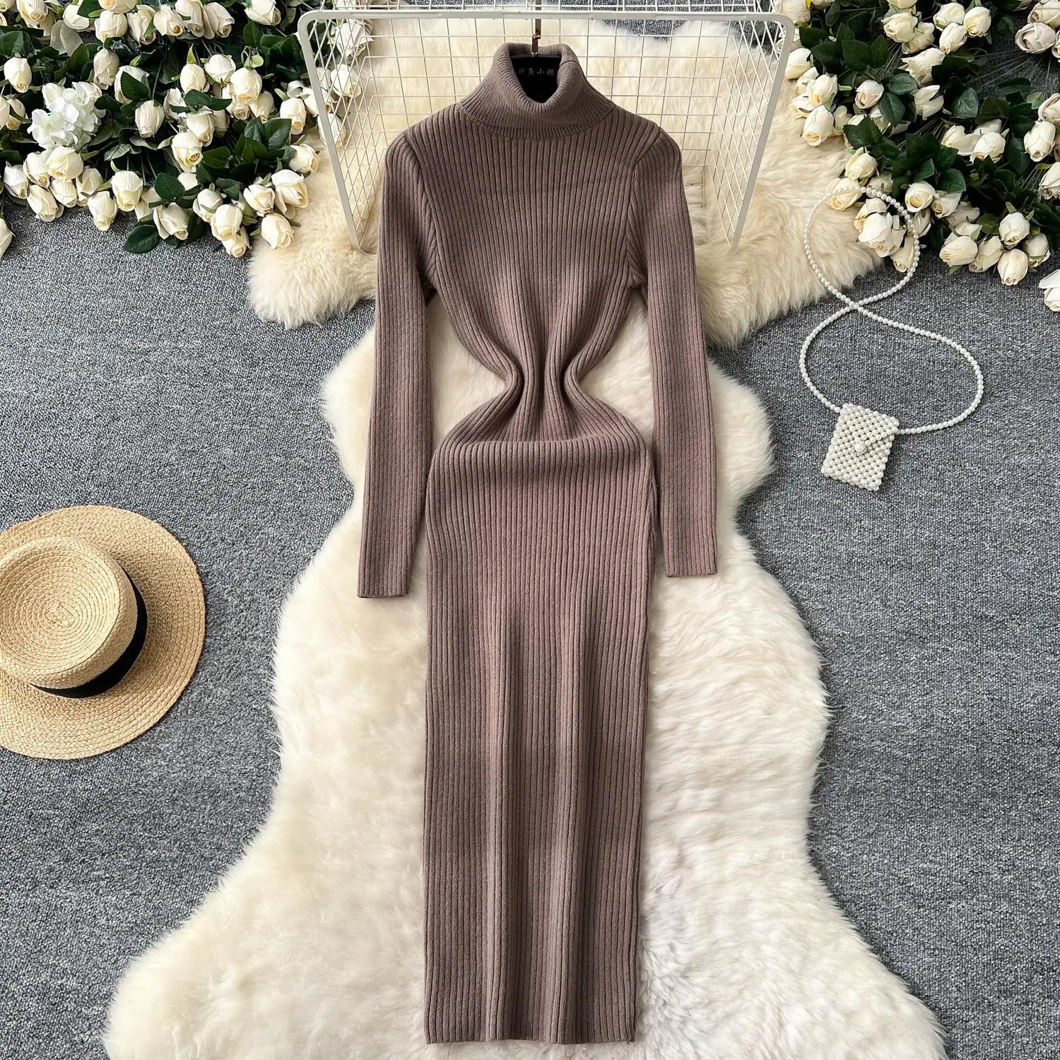 Korean Women Solid High Neck Straight Dresses Autumn Winter Slim Long Sleeve Office Knitted Dress Ladies Simplicity Popular Chic