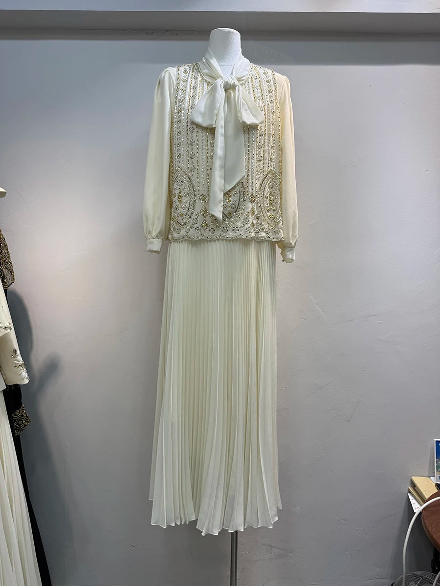 Spliced Sequines Two Piece Set For Women O Neck Sleeveless Waistcoat Patchwork Lace Up Long Sleeve Dress Set Female