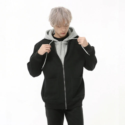 Load image into Gallery viewer, Fake Two-piece Men&#39;s Jackets Hooded Drawstring Casual Contrast Color Korean Style Loose Zipper Male Coats Fashion 9C9215
