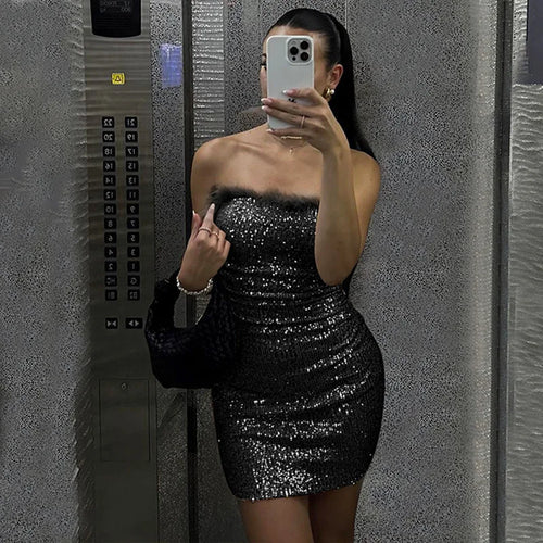 Load image into Gallery viewer, Sequins Off-shoulder Sexy Mini Dress For Women Fashion Strapless Feather Backless Bodycon Club Party Sparkle Dress
