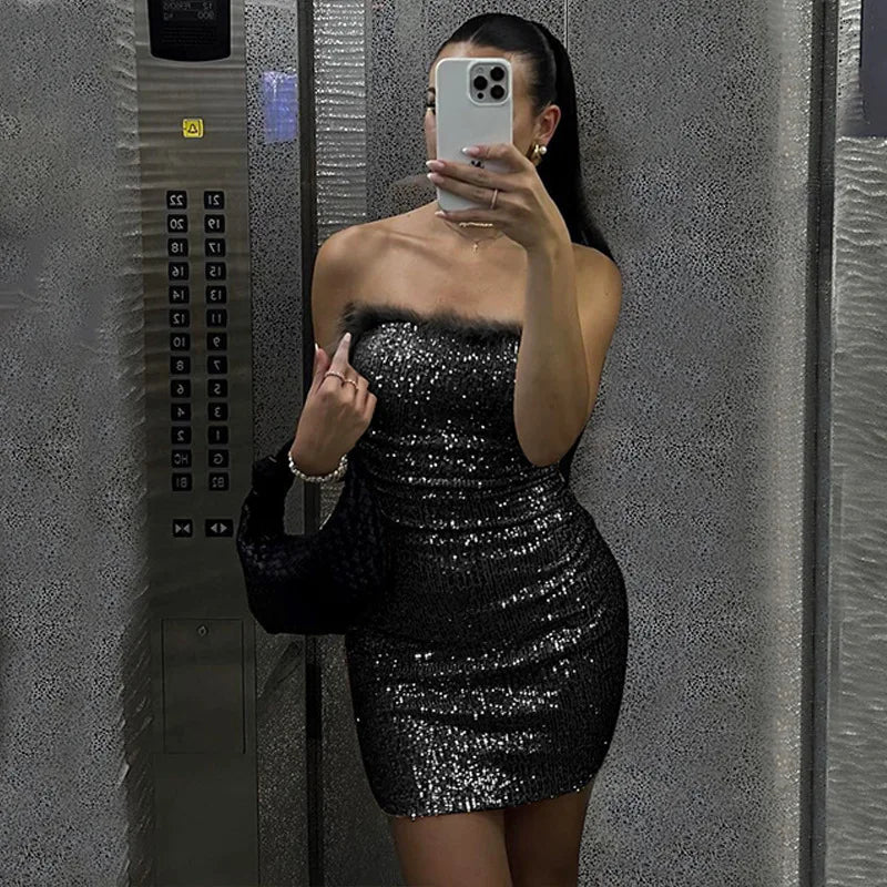 Sequins Off-shoulder Sexy Mini Dress For Women Fashion Strapless Feather Backless Bodycon Club Party Sparkle Dress