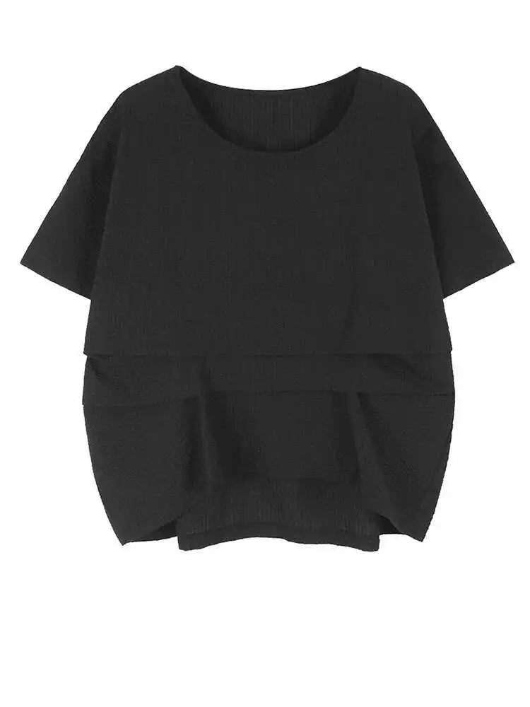 Women Yellow Irregular Pleated Big Size Casual T-shirt New Round Neck Short Sleeve Fashion Tide Spring Summer 2025 1DH5679